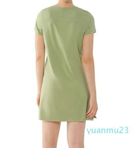 Lu Lu Короткая юбка Align Yoga Lemon Летняя новая футболка Платье Одежда для покупок Повседневная с круглым вырезом Бесшовная Высокая эластичность Дышащая с джоггером