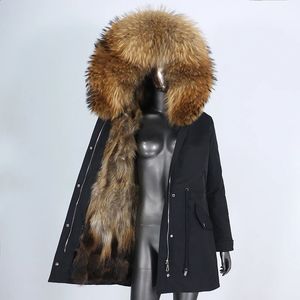 Pele feminina falso moda real casaco de inverno jaqueta longa parka impermeável gola natural capuz grosso quente forro de guaxinim 231118