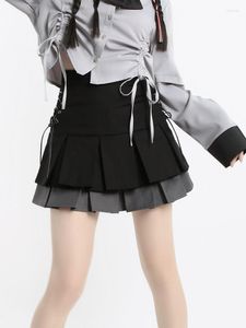 Saias de Deeptown estilo Preppy Mini-saia feminina coreana moda alta cintura A-line Bandage retchwork