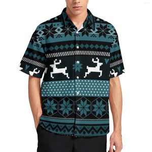 Camicie casual da uomo Natale Nordic Animal Teal Fair Isle Print Camicia da spiaggia Camicette di tendenza hawaiane Uomo Graphic Plus Size