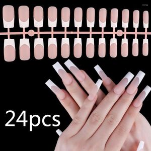 Falska naglar 24st naken rosa fransk falsk matt full täckning tryck på med lim kvinnor bärbara nagelkonst klistermärken manikyr