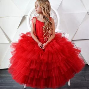 Girl Dresses Red Tiered Mother and Daughter Lunghezza Flower Flower Flower Girls 'Drede Back Robe De De