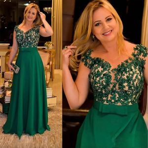 Mother of the Bride Dresses For Wedding Green Sheer Illusion Neck Lace Appliques Beaded Bow Chiffon Evening Party Gowns Mother Wedding Guest Groom Dress