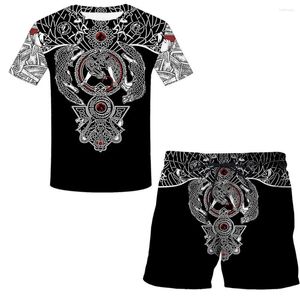 Herren T-Shirts Mode Sommer Herren T-Shirt Set Viking Tattoo 3D Print Shorts Schnell trocknend Zweiteilig Casual Sport Kurzarm