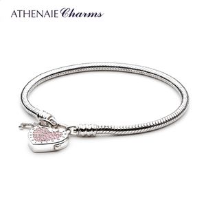 Chain ATHENAIE 925 Sterling Silver Love Snake Chain Charms Bracelet Bangle with CZ Lock of Heart Clasp Fit Women Wedding DIY Jewelry231118