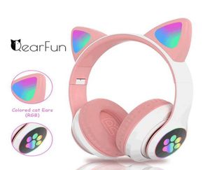 Luz de flash bonito orelhas de gato fones de ouvido sem fio com microfone pode controlar led criança meninas telefone estéreo música bluetooth fone de ouvido gamer presente w8769799