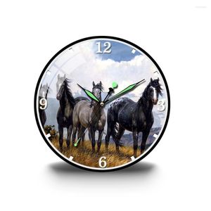 Wall Clocks Horses On The Grassland Oil Painting Luminous Clock Acrylic Handing Watch Modern Design Living Room Retro Charts
