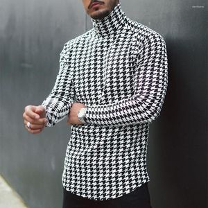 Men's T Shirts Casual Men Turtleneck T-shirt Autumn Spring 2023 Houndstooth Print Slim Long Sleeve Basic Pullover Simple Tops Male