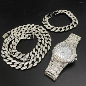 Collana Orecchini Set Luxury Uomo Colore argento Orologio Neckalce Braclete Combo Out Cuban Jewerly Crystal Miami Chain Hip Hop For