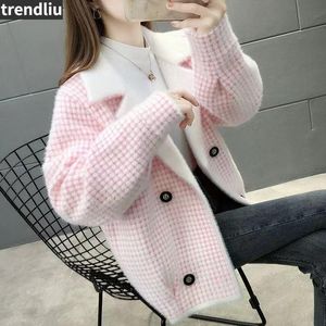 Casaco xadrez coreano da moda coreana Mulheres caem de manga comprida Mink de cashmere de cashmere de cashmere de gola elegante colarinho de suéter curto Cardigan
