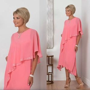 Perlen Tee Länge Mutter Braut Kleider Ärmel Kaskadierende Rüschen Jewel Neck A Line Plus Mutterkleid Wassermelone