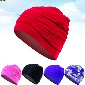 Cuffie da nuoto 1PC Cuffia da nuoto alta elastica Uomo Donna Moda Confortevole Fiori solidi Stampati Capelli lunghi Sport Piscina Cappello Turbante in nylon bello P230418