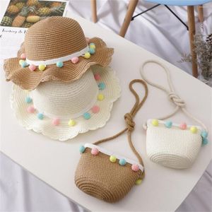 Hats 2pcs/Set Kids Woven Straw Hat Shoulder Bags Set Lovely Colorful Ball Border Children Breathable Summer Beach Floppy Sun