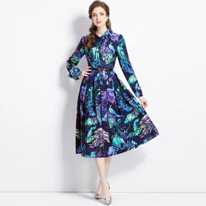 Casual Dresses Högkvalitativ höstkvinnor Fashion Runway Shirt Dress Office Lady Long Sleeve Blue Floral Printed A-Line Party Vestidos 2024