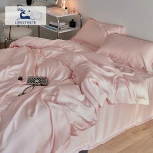 Set di biancheria da letto LivEsthete Regalo da donna Rosa 100 Set di seta Tinta unita Lenzuolo piatto Federe Copripiumino Queen King Set da letto per il sonno 231118