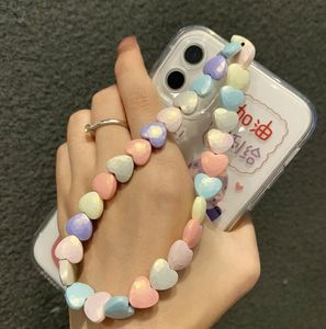 Kärlek hjärta färgglada pärlor mobiltelefonband kedja nyckelkedja hänge enkelt mobiltelefon fodral tillbehör smycken kvinnliga kvinnor handled telefon lanyard