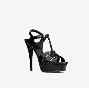 Designer women tribute platform sandals in patent leather covered heel and adjustable ankle strap wedding party summer beach NO021