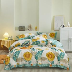 寝具セットキングサイズワイドフリルサイド羽毛布団カバーベッドリネン枕カバーコットン韓国の花植物少女大人のベッドクロス