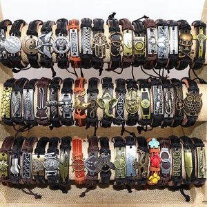 Bangle Wholesale 50pcs/Lot Leather Metal Charm Bracelets For Men Vintage Wrist Cuff Bracelets For Women Gifts Jewelry Mix Style 230419