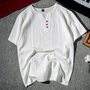 Herren T-Shirts Sommer Baumwolle Leinen Männer V-Ausschnitt Kurzarmhemd Chinesischer Stil Mode Lässig Harajuku 2xl Übergroße Kleidung T-Shirt Schwarz