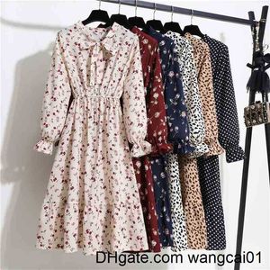 wangcai01casualドレスフローラルプリントの女性ドレスfa秋のセブヴィンテージシフォンボウタイネック首のオフィスレディシャツドレスサマーベスティドス210402