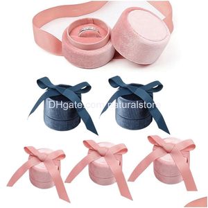 Jewelry Boxes Veet Round Box Ring Case With Elegant Ribbon Pendant Necklace Earrings Storage Holder For Proposal Drop Delive Dhq3M