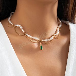 Elegante Welle Imitation Perle Kette Halskette für Frauen Mädchen Grün Kristall Anhänger Choker Y2K Schmuck Mi Zubehör