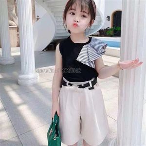 Clothing Sets Summer Girl Fashion Irregular Stitching Top Shorts Belt Random Baby Kids Clothes Suit Children