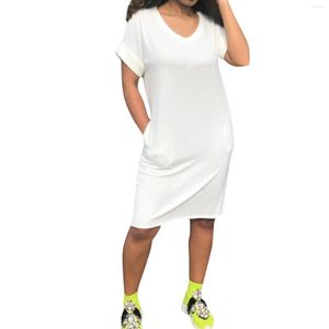 Casual Dresses T Shirt Short Summer V-Neck Pockets Women's Dress Sleeve Mid-Length For Women Below Knees Sundress