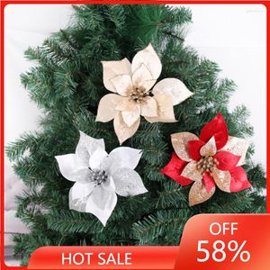 Decorative Flowers 21cm/16cm/14cm Christmas Artifical Glitter Poinsettia For Tree Ornaments Fake Flower Decoration