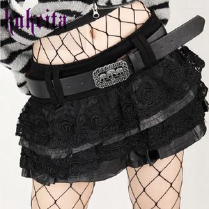 Skirts Harajuku Y2k Gothic Black Lace Cake With Belt Punk Sexy Low Waist Pleated Mini Short Streetwear