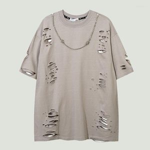 メンズTシャツストリートウェアリッピングホールメンズヒップホップ特大のカジュアルコットンソリッドカラールーズオネックショートスリーブTシャツユニセックスサマー