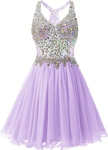 Crystal Tulle Prom Dresses Deep V-Neck Knee-Length Plus Size Graduation Cocktail Homecoming Party Gown 07