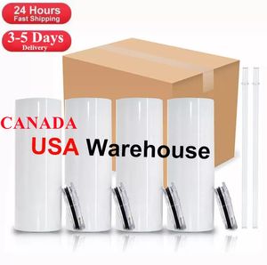 US/CA Local Warehouse 20oz Sublimation tumblers straight blanks white 304 Stainless Steel Vacuum Insulated tapered Slim DIY Cups Car Coffee Mugs with Straw Lids