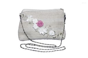 Cosmetic Bags 2023 Hand Made Designer Women Linen Handbags Female Flowers Pearls 2 In 1 Purse Chain Shoulder Zipper Bag