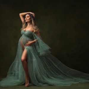 Linia puszystość macierzyńska dla kobiet z ramion Kimono fotografia fotograficzna suknia Plat Tiulle Illusion Baby Shower sukienka