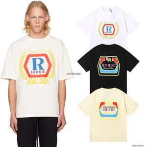 디자이너 패션 의류 TSHIRT 고급 남성 캐주얼 티 작은 미용 트렌드 Rhude New Hopps 인쇄 고품질 이중 원사 순수한 면적 느슨한 짧은 슬리브 Tshirt M