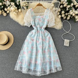 Vestido francês de malha suave com mangas bolha, vestido de verão feminino com cintura fina e estampa perfeita, vestido de princesa