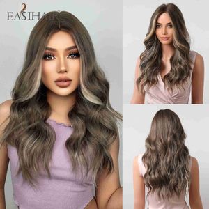 Syntetiska peruker Easihair Long Wavy Brown Syntetiska peruker Mittel för kvinnor Blond markerade naturliga hårvärmebeständig cosplay 230227