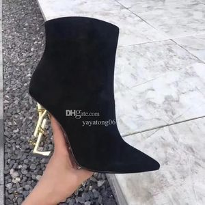 Elegant Opyum black leather ankle boots Round Toe High Heels Zip spool Heels Sexy Women Booty Ladies Bottes Booties With Box EU35-43