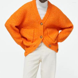 Women's Knits Klacwaya Women Sweater Cardigan For 2023 Vintage V-Neck Long Sleeve Top Oversize Orange Warm Button-Down