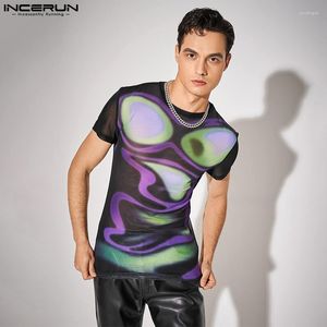 As camisetas masculinas incerun tops 2023 American Style Men See-through Mesh Camiseta Casual Male abstrato padrão de manga curta fina camisetas S-5xl