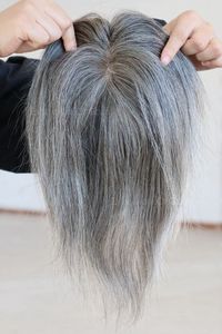 Full Hand Tied Mono base hair topper grey human hair piece Salt and Pepper Color European wo men grayToppers hairpiece clip in extension silver custom 20day about 3x5"