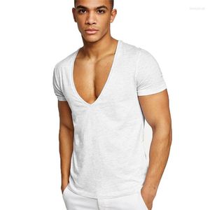 Men's T Shirts Summer Men's Fitness Sports Leisure Cotton Short Sleeve Solid Color Deep V-neck T-shirt Sexy Top Clothing