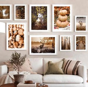 絵画秋の森の鹿橋の滝カボチャの壁アートプリントキャンバス絵画居間のための北欧のポスター写真8001416