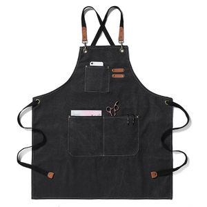 Avental de salão de cômoda de cabelo com 5 bolsos Cabero de cabeleireiro Cabo de pano de pano de corte de tingimento para barbearia de barbearia preta jeans