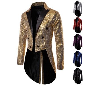 メンズスーツ光沢のあるゴールドスパンコールグリッターテールコートスーツジャケット男性ダブル胸肉結婚室Tuxedo Blazer Men Party Stage PROMコスチューム