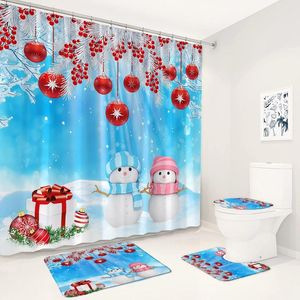 Shower Curtains Christmas Bath Mats Sets Snowman Red Rope Ball Berries Pine Branch Winter Year Bathroom Decor Toilet Lid Rug