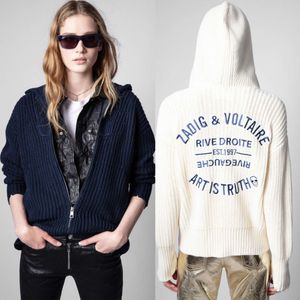 24SS Zadig Voltaire Kadın Düğmeleri Tees Gevşek Kaşmir Klasik Mektup Nakış Zipper Harkif Kapşonlu Sweater