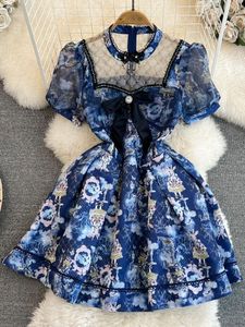 Sıradan Elbiseler Pist Tasarımcısı Seqiuns Mesh Nakış Patchwork Boncuk Elbise Kadın Puf Kılıf Bow Deco Çiçek Baskı Mini Elbise 2024